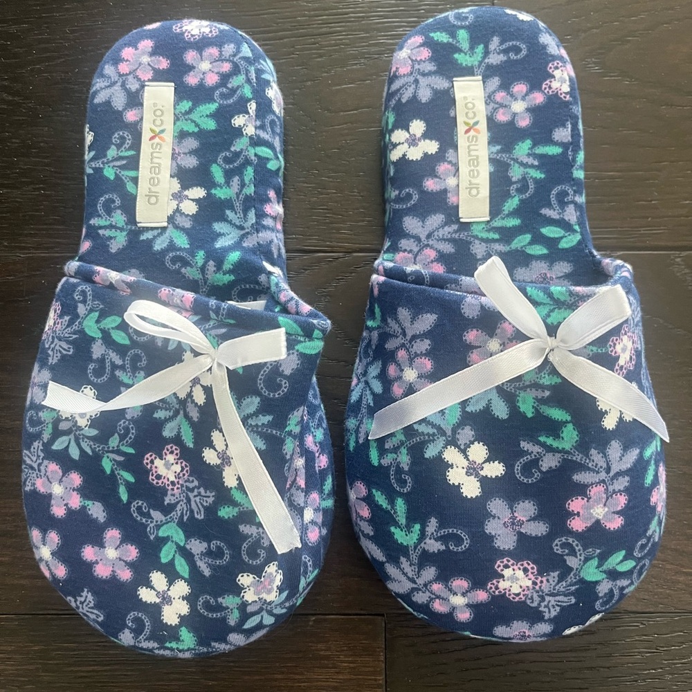 Women’s Blue Slippers with White Bow, NWOT